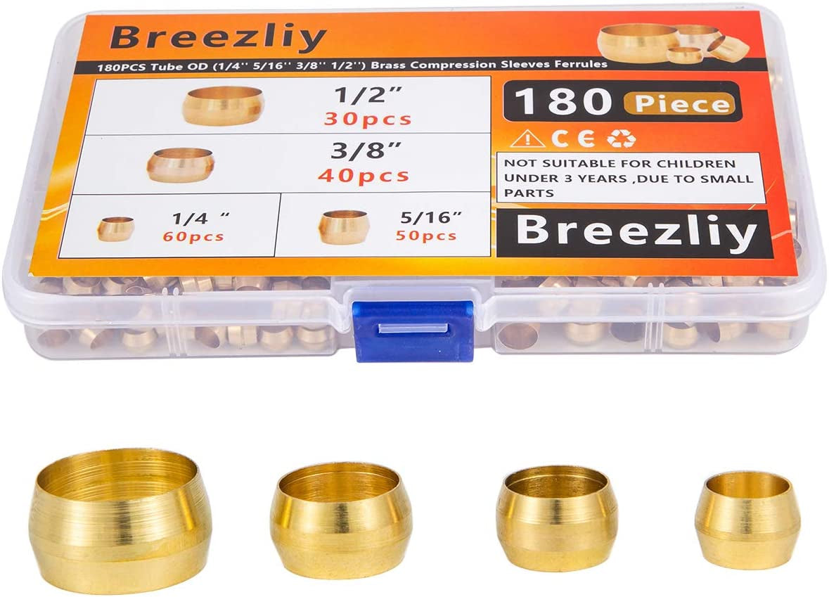 180PCS Compression Fittings Assortment Kit-(1/4In, 3/8In, 5/16In, 1/2In) of Brass  Compression Sleeve Ferrule,Insert&Nuts